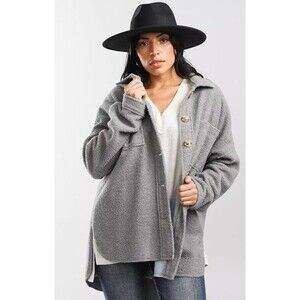 BKE Women’s Gray Sherpa Fleece Shacket Jacket Coat Size XL Long Sleeve Button